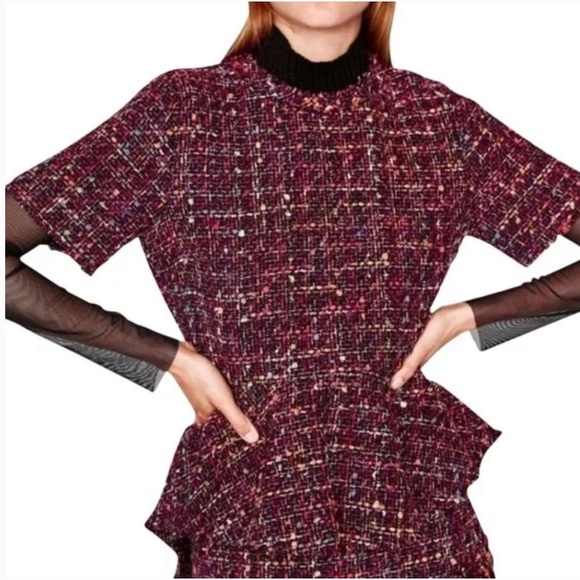Zara multicolor raw hem tweed keyhole back peplum size M - Picture 2 of 16